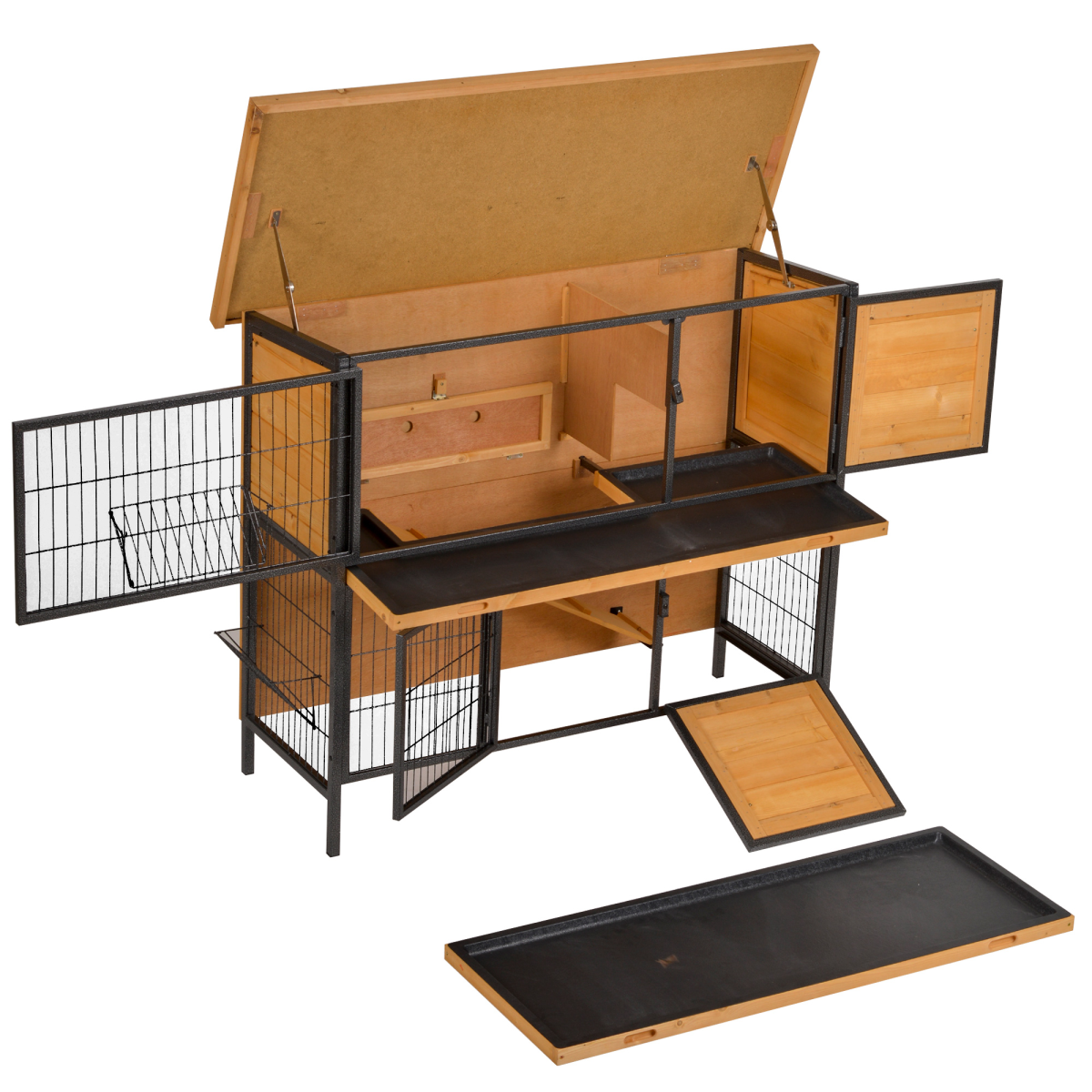 PawHut Wooden and Metal Rabbit Hutch with Slide-Out Tray, Outdoor Bunny Pet House, Light Yellow