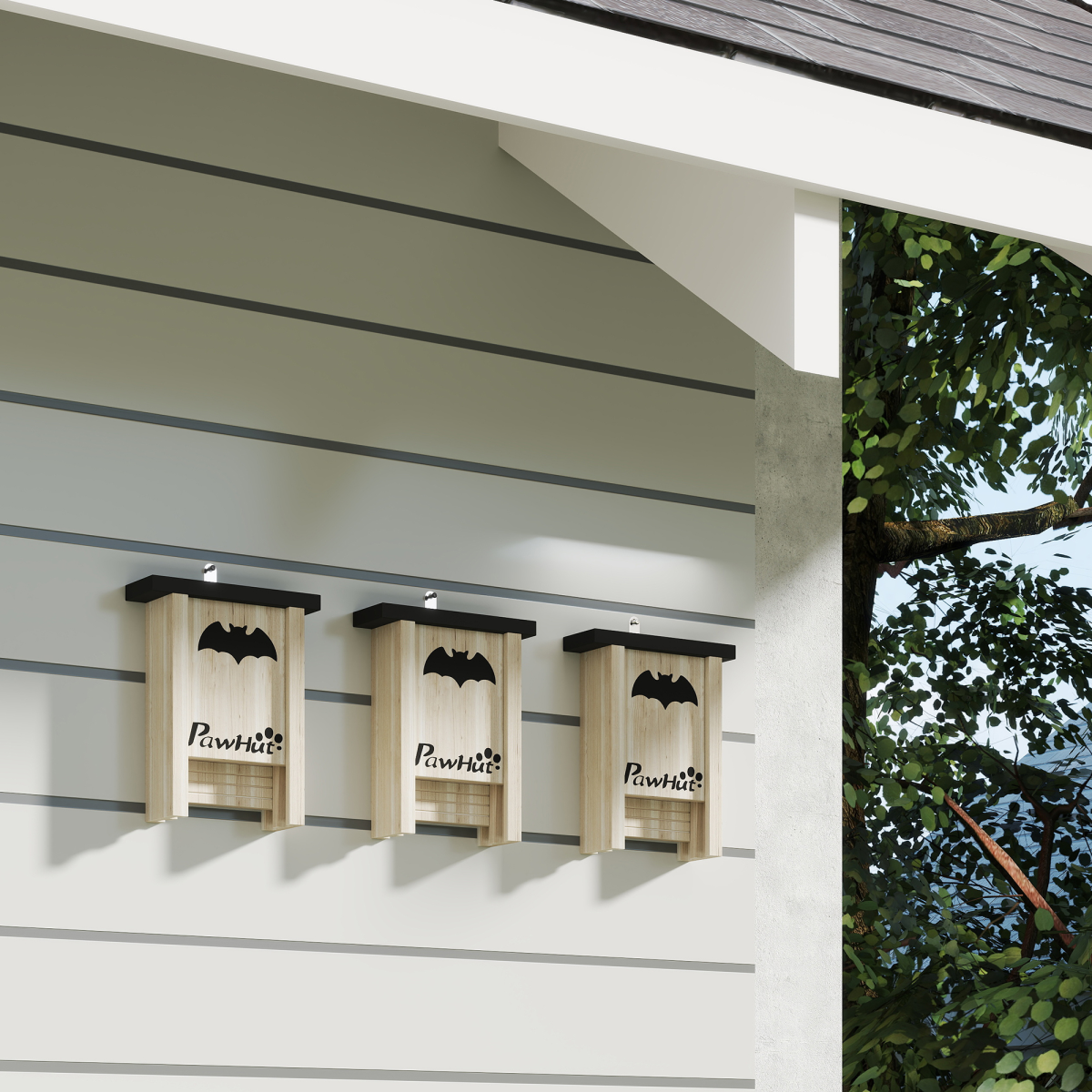 PawHut 3 Pack Bat Boxes, Fir Wood Bat Houses with Hook, 18 x 6 x 22.5 cm, Natural Wood Finish