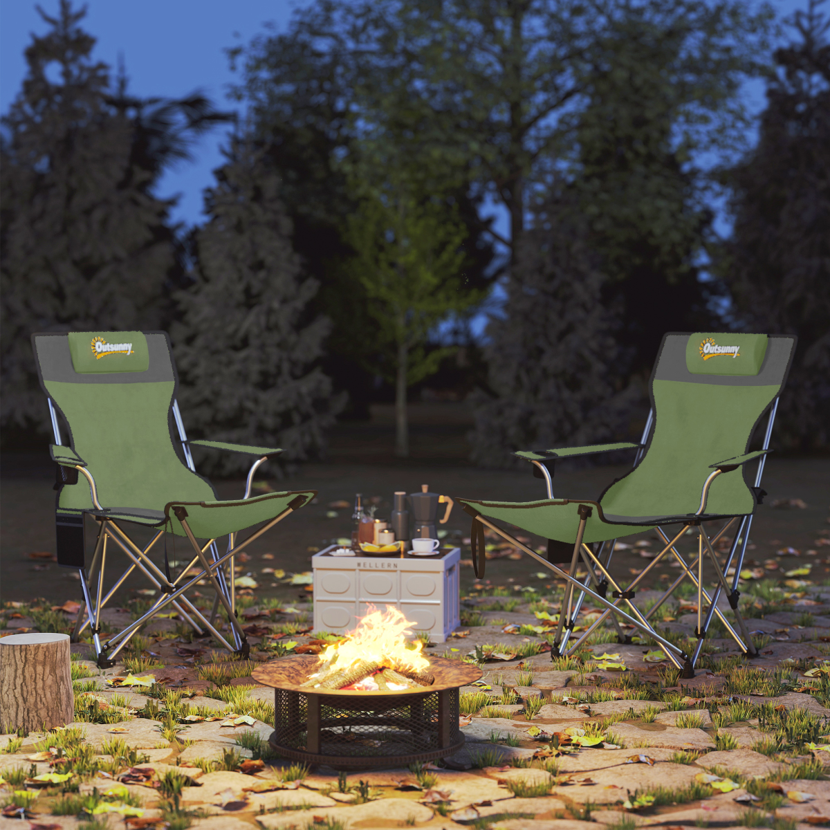 Outsunny Set of 2 Reclining Camping Chairs with Headrest and Cup Holder