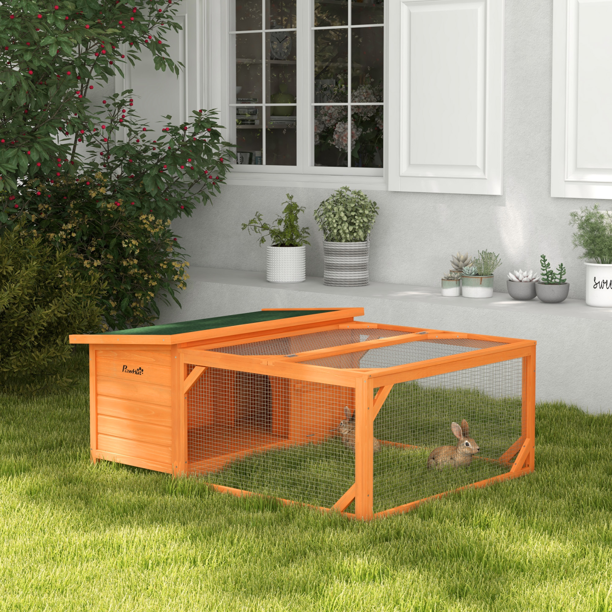 Wooden Rabbit Hutch with Run for Small Animals, 125.5 x 100 x 49 cm