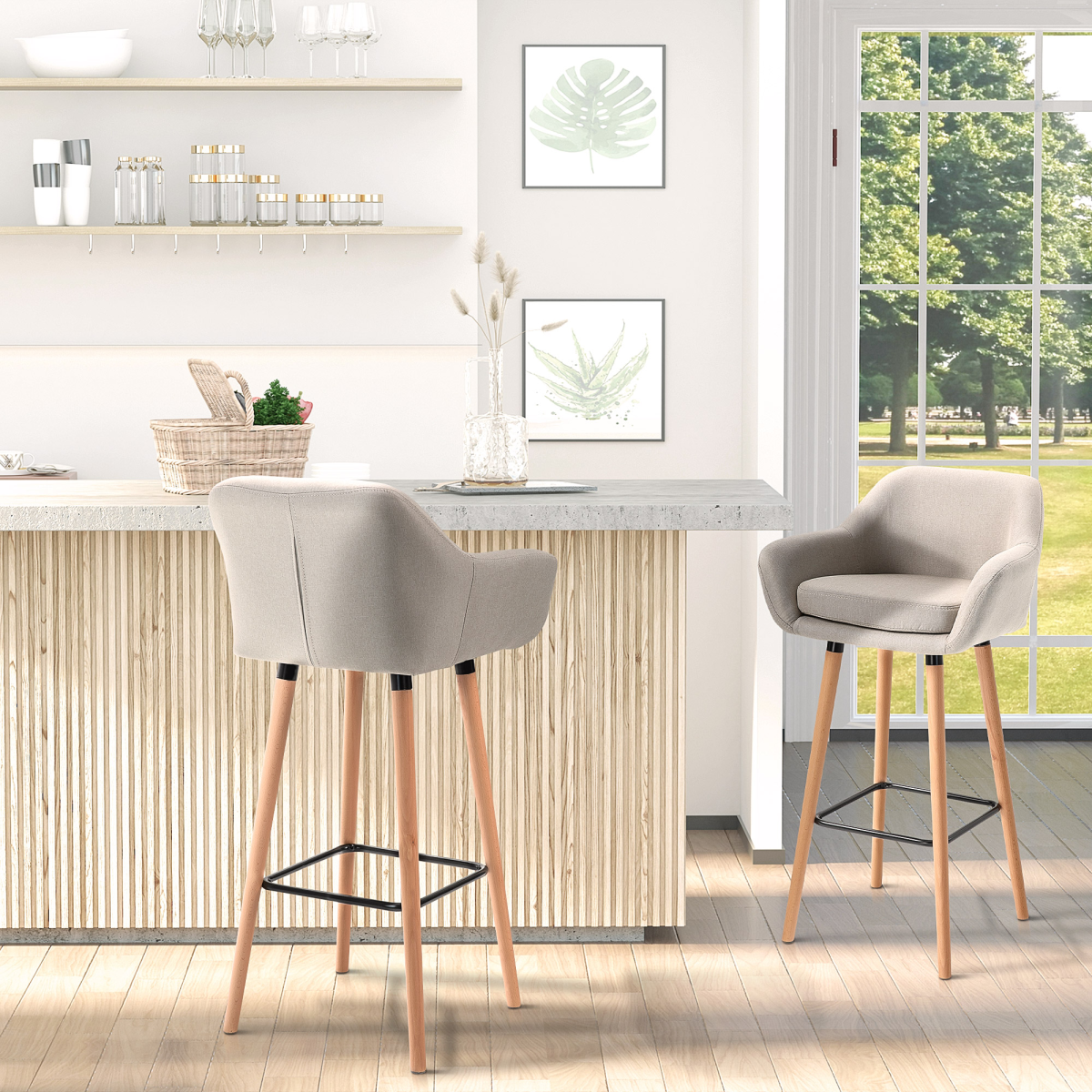 HOMCOM Set of 2 Modern Upholstered Bucket Bar Stools, Beige, Solid Wood Legs