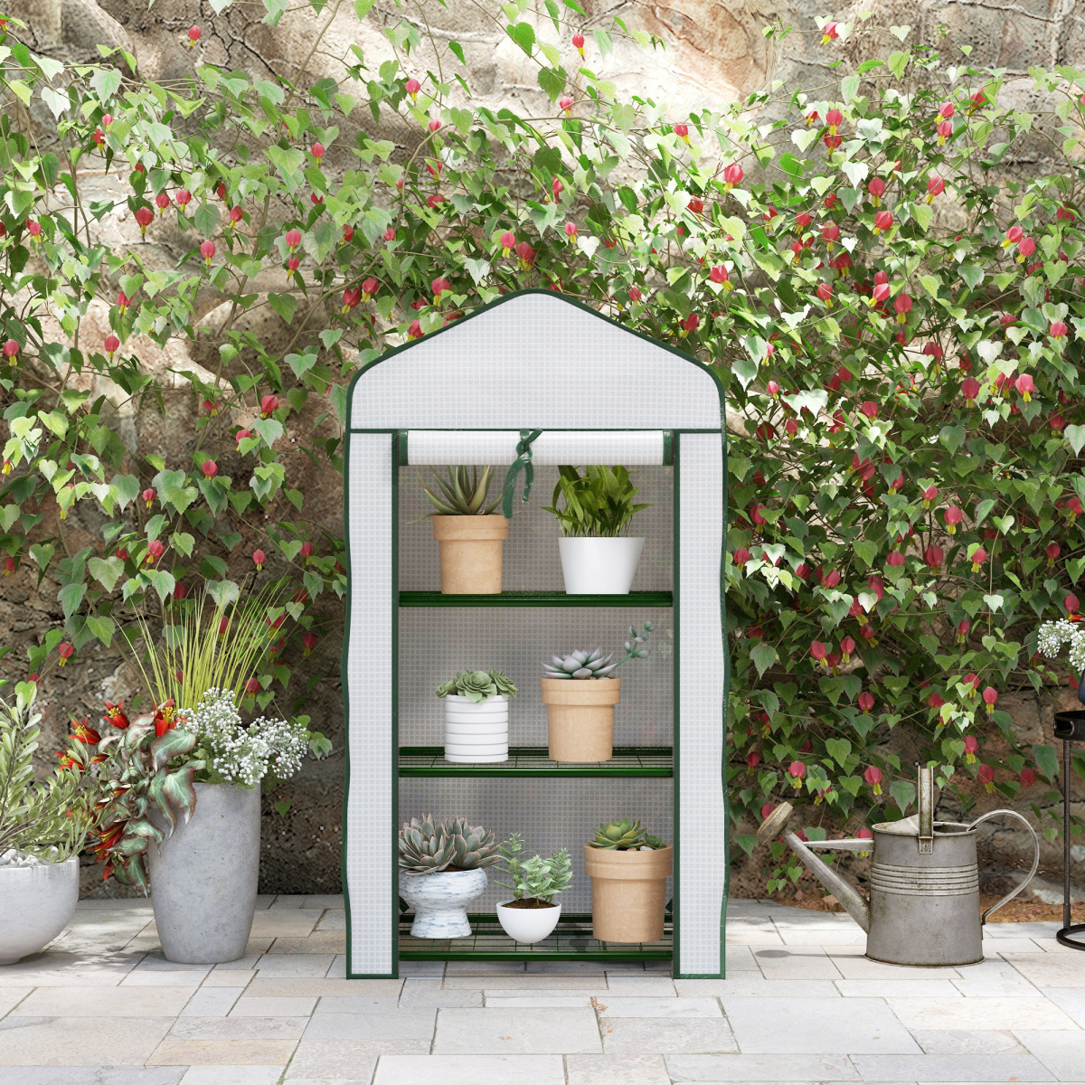 Outsunny Portable Mini Greenhouse with Roll-Up Door and Wire Shelves