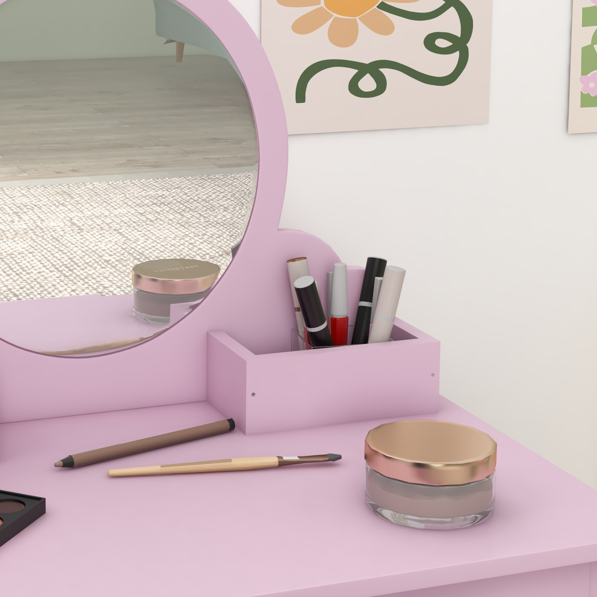 ZONEKIZ Kids Dressing Table Set with Mirror, Stool, Drawer and Storage Boxes, Cat Design, Pink