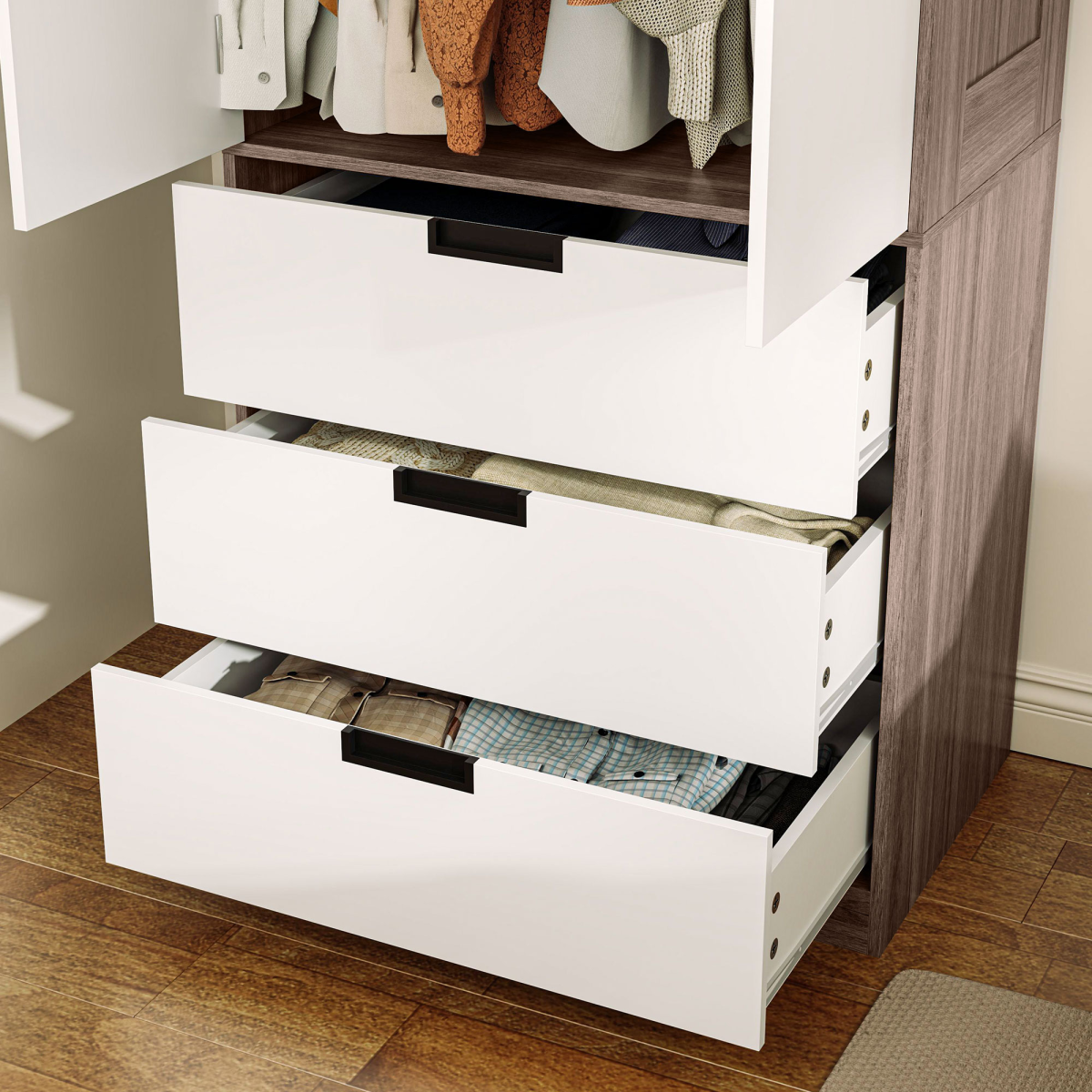 HOMCOM 2-Door Brown Wardrobe with 3 Drawers and Hanging Rod