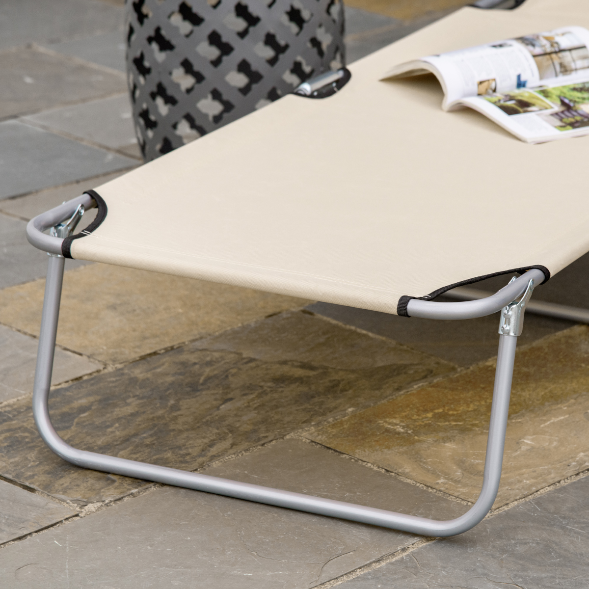 Outsunny Folding Sun Lounger Chair with Adjustable Canopy, Beige
