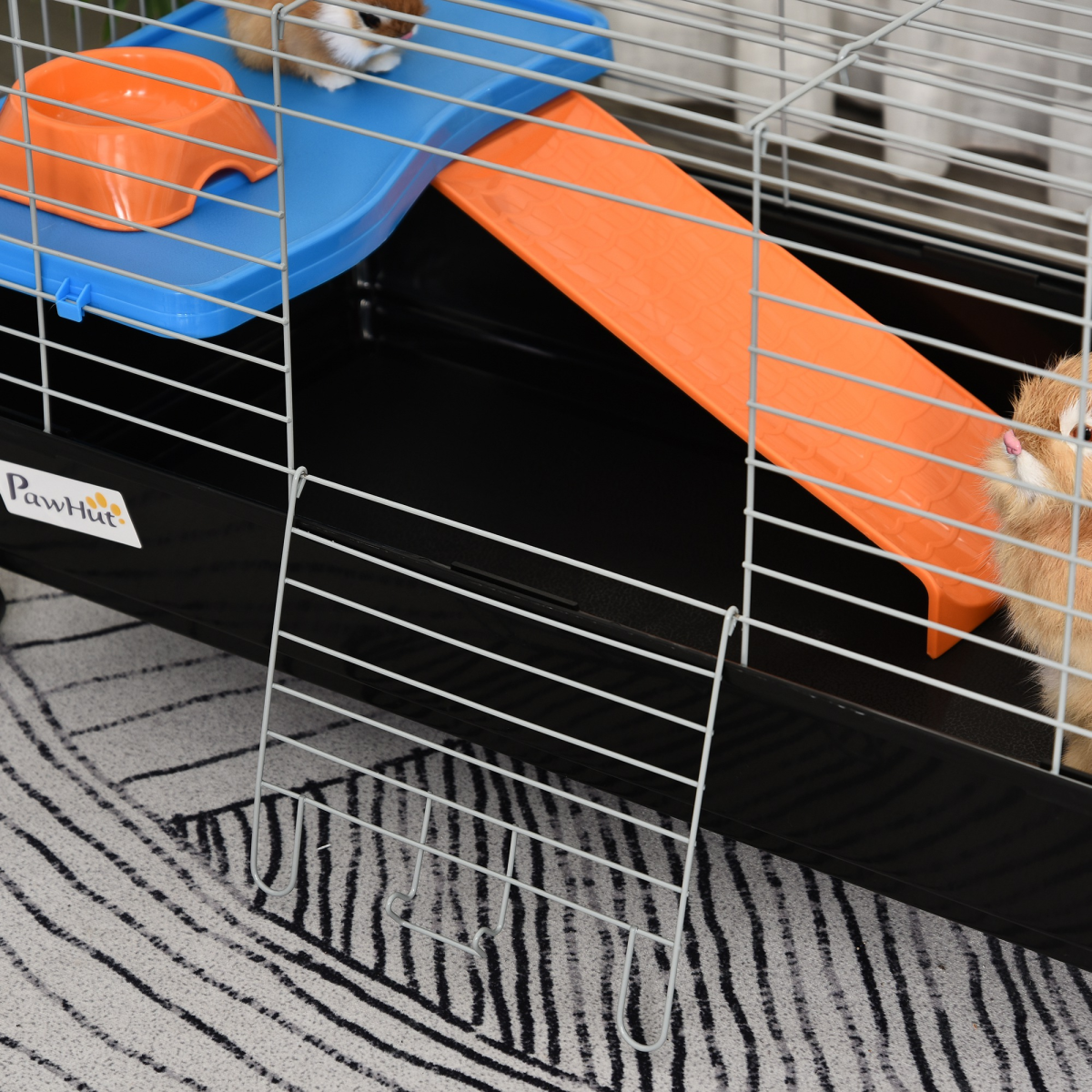 Pawhut 89cm Small Animal Home Cage with Wheels, Platform, Ramp, Hay Feeder, Water Bottle and Food Dish, Black