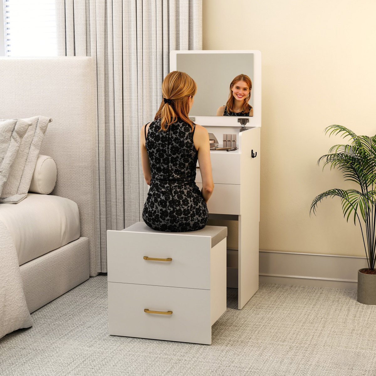 HOMCOM 3-in-1 Dressing Table Vanity Desk with Mirror & Cushioned Stool