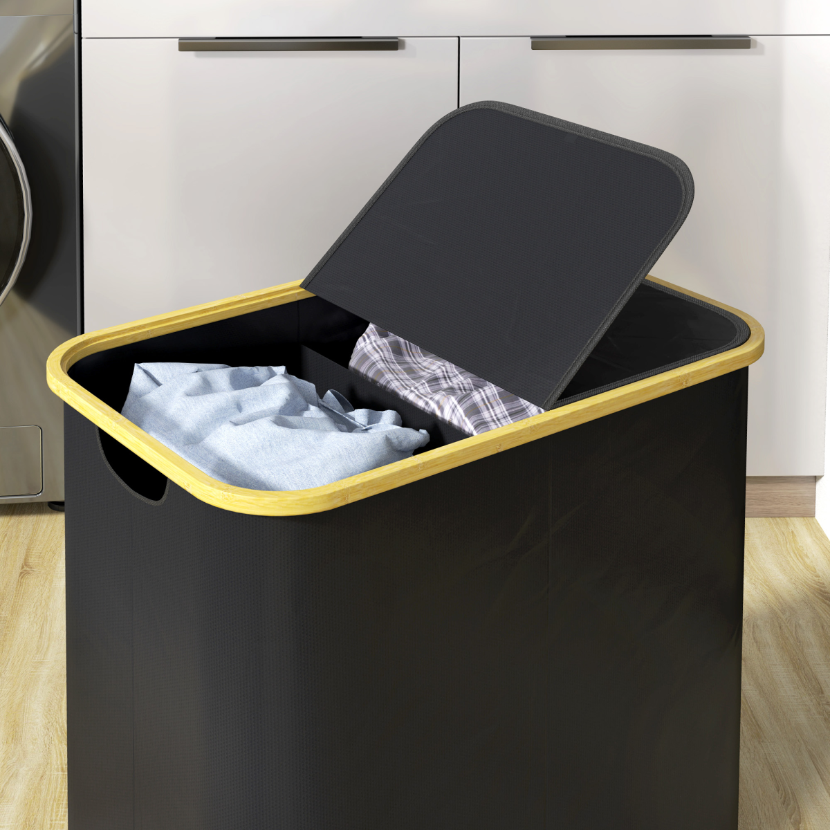 HOMCOM 80L Double Laundry Hamper, Foldable Bamboo, Black