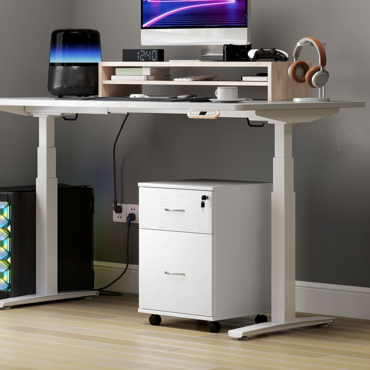 HOMCOM Lockable 2-Drawer Mobile Filing Cabinet, White Wood Grain