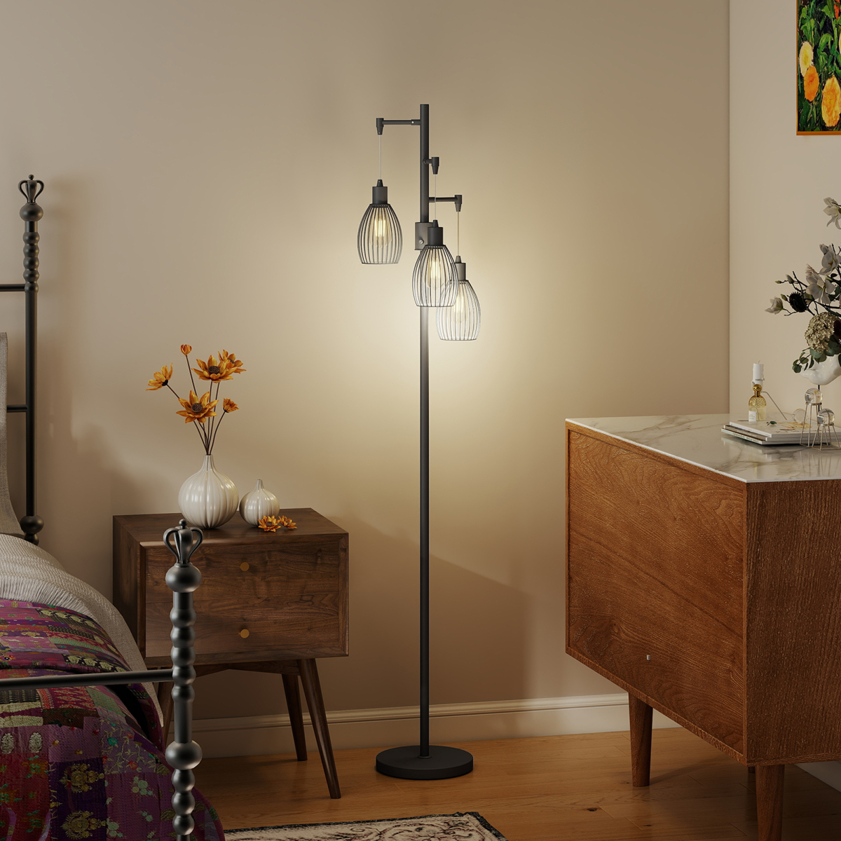 HOMCOM Industrial 3-Light Dimmable Floor Lamp, Black, 2700K