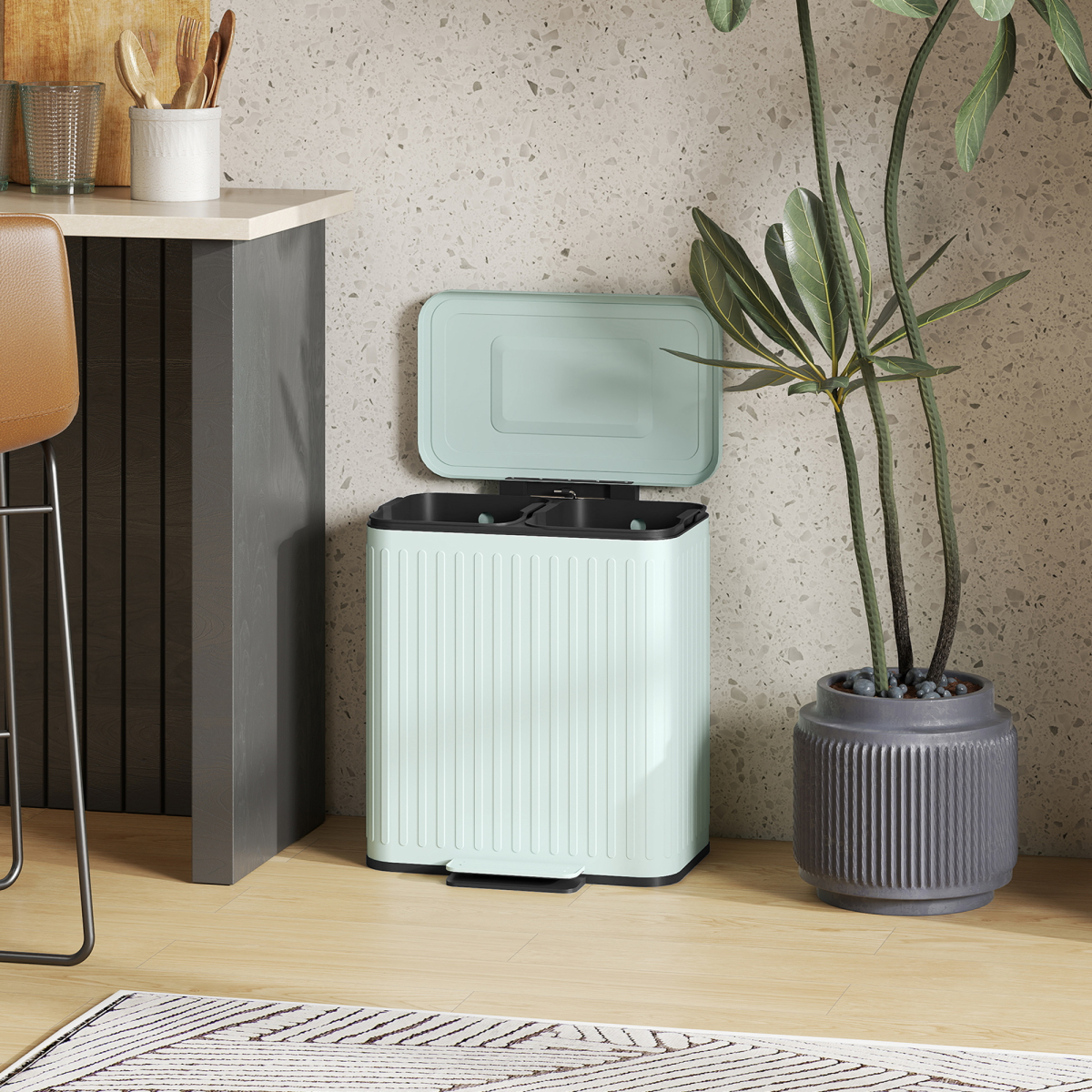 HOMCOM 2 x 20L Double Pedal Rubbish Bin with Soft-Close Lid, Green