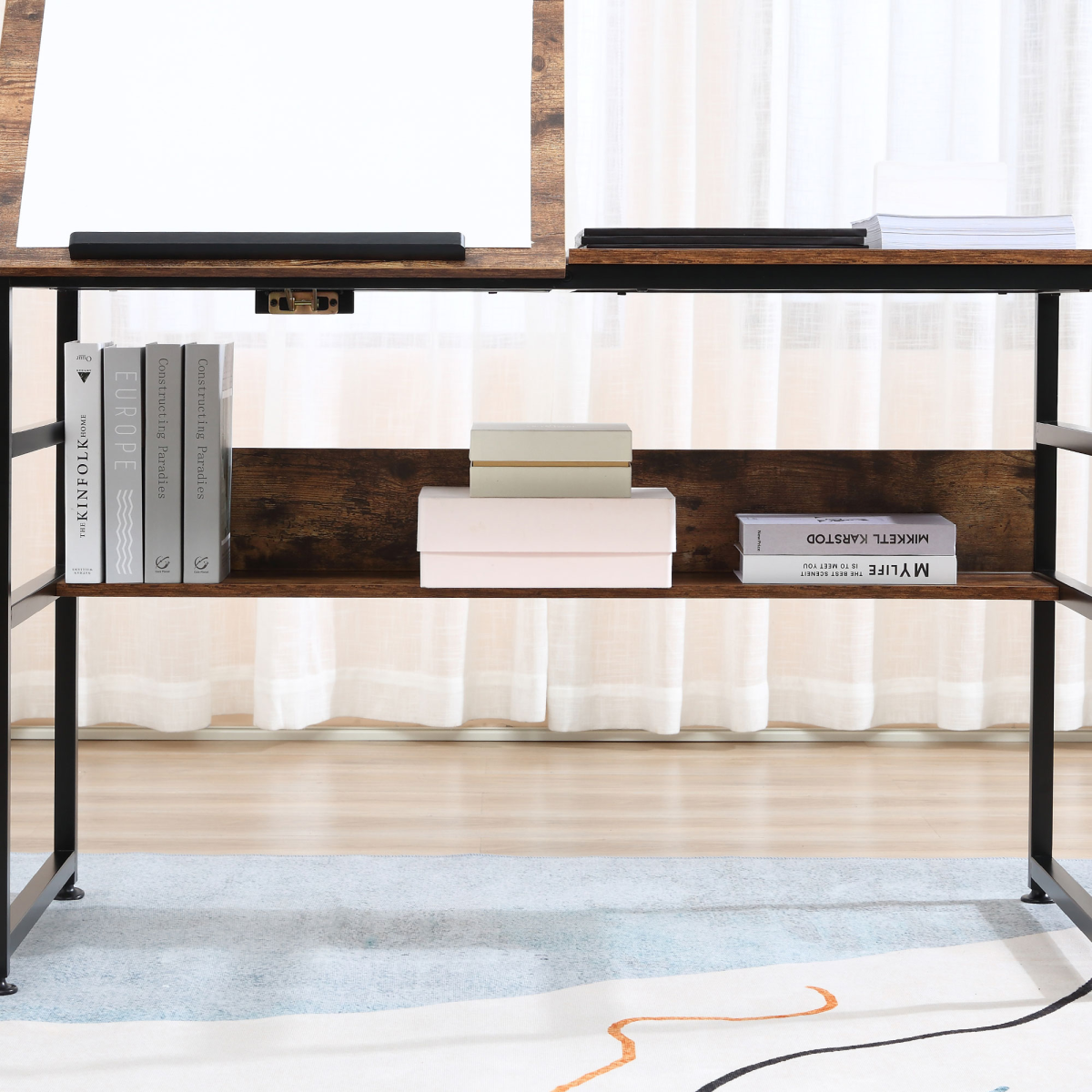 HOMCOM Tiltable Drafting Table Home Office Desk with Shelf, Rustic Brown
