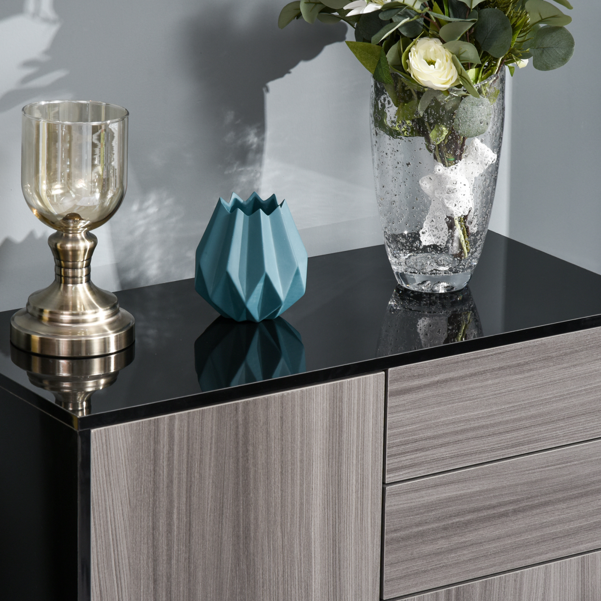 Side Cabinet with 2 Doors and 2 Drawers for Home Office, Grey and Black