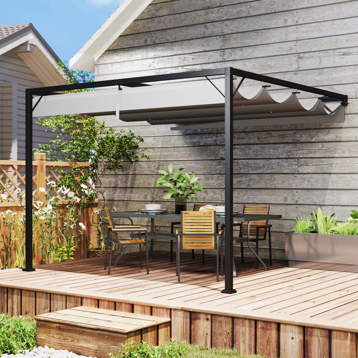 Outsunny 3 x 3m Wall-Mounted Outdoor Pergola with Retractable Canopy, Grey
