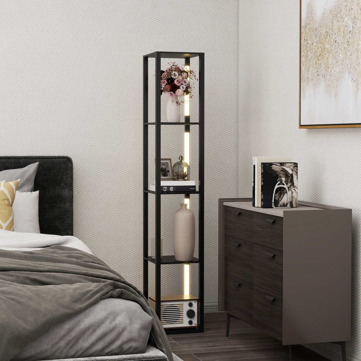 HOMCOM Black Floor Lamp with 4-Tier Shelf, Foot Switch, 3 Brightness Levels