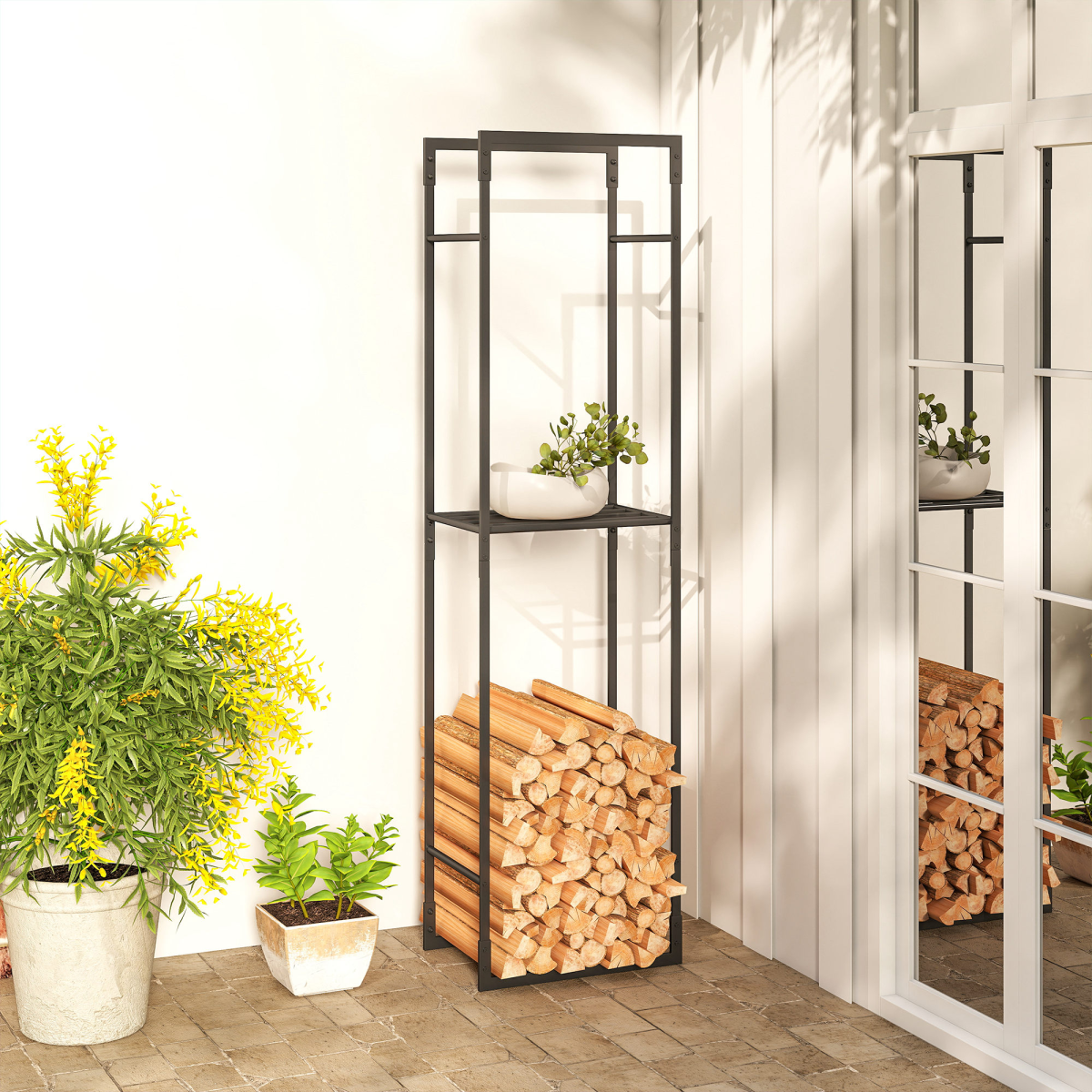 Outsunny Metal Firewood Rack with Adjustable Shelf, Black