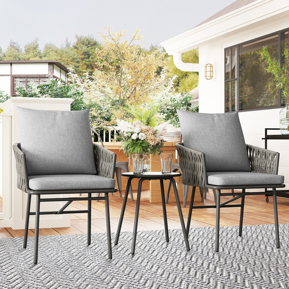 Outsunny Grey Rattan Bistro Set with Table and 4 Cushions