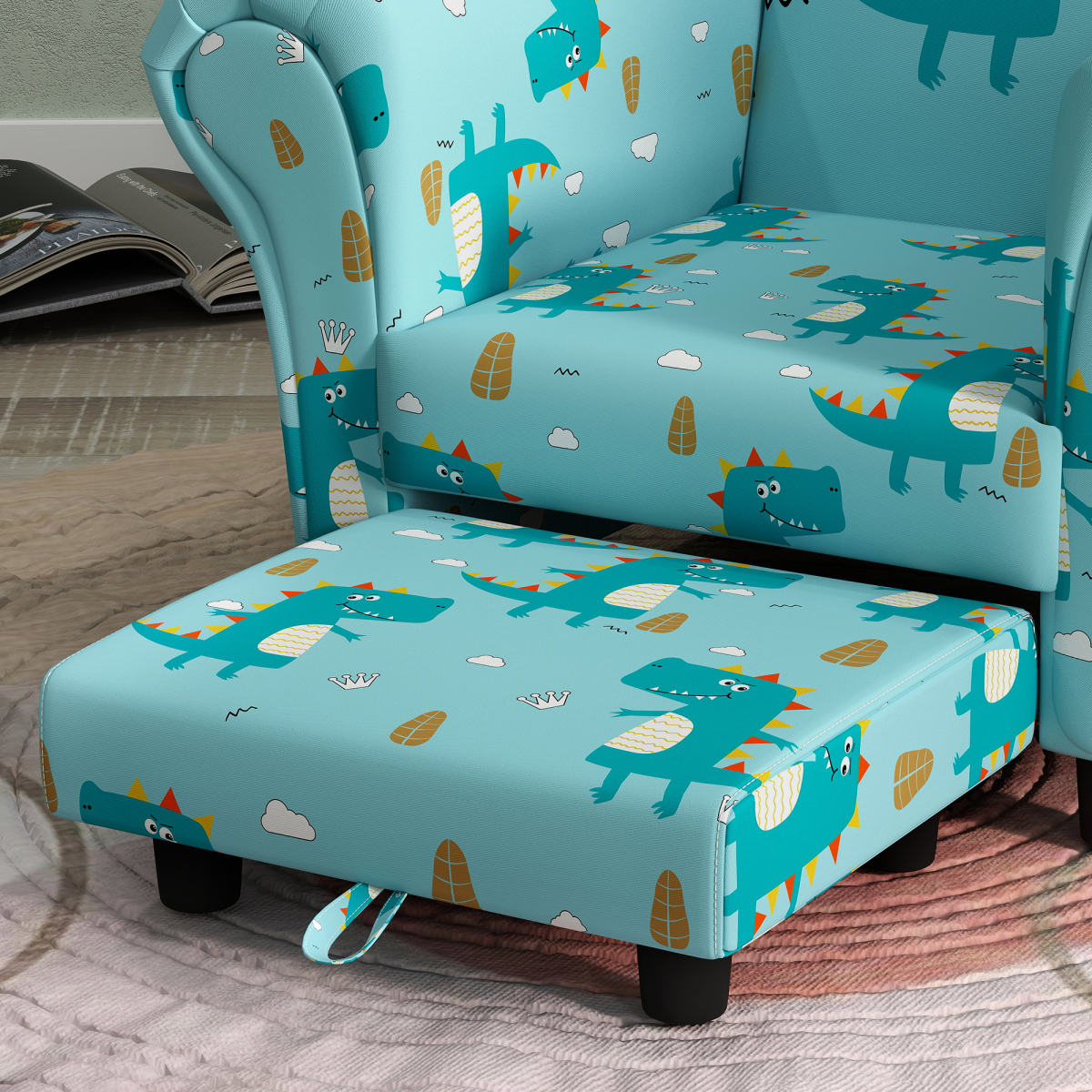 AIYAPLAY 2 Piece Kids Sofa Set, Dinosaur Print, Blue for Nursery