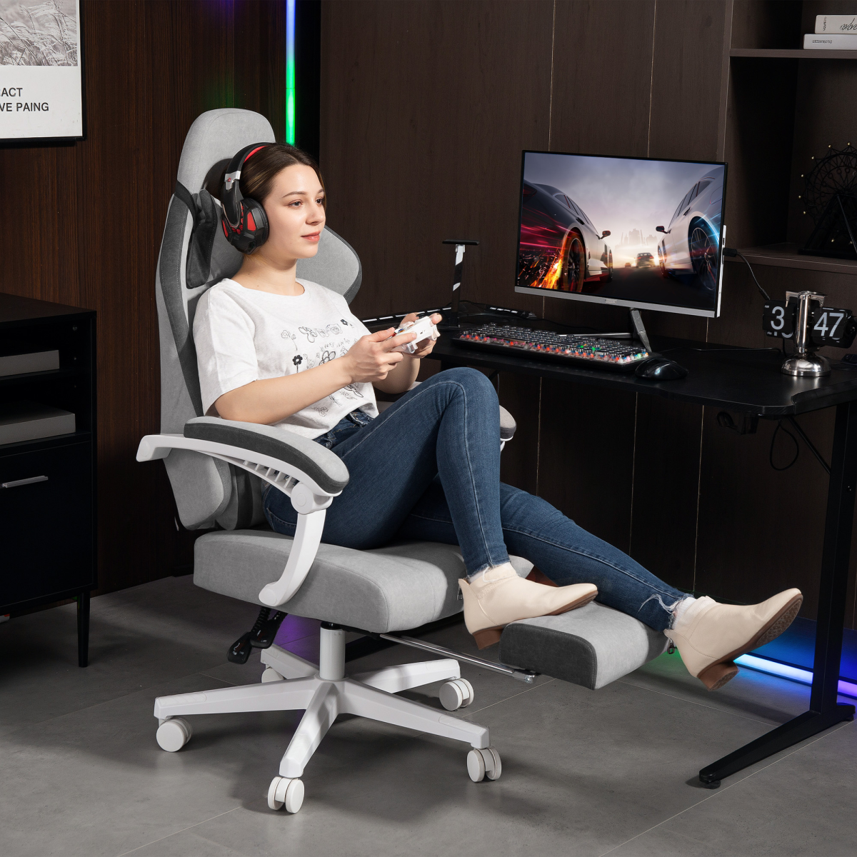HOMCOM Grey Velvet Recliner Computer Chair with Adjustable Height