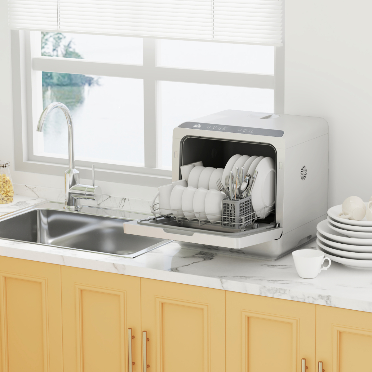 HOMCOM Countertop Dishwasher, 4 Place Settings, 6 Programs, Silver Tone
