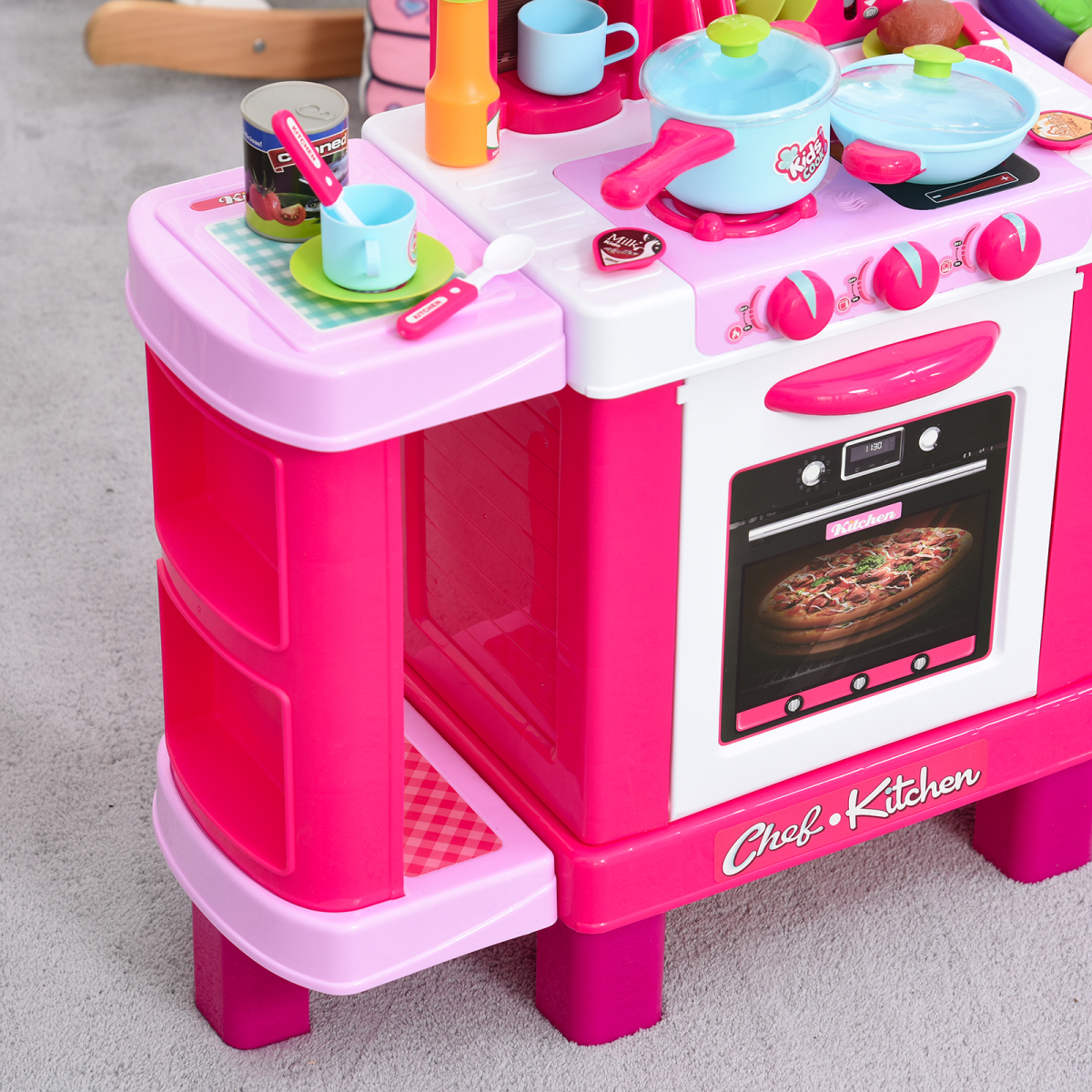HOMCOM 38-Piece Children’s Kitchen Play Set with Realistic Sounds and Lights, Play Oven, Bread Maker, Sink, Utensils and Food Items