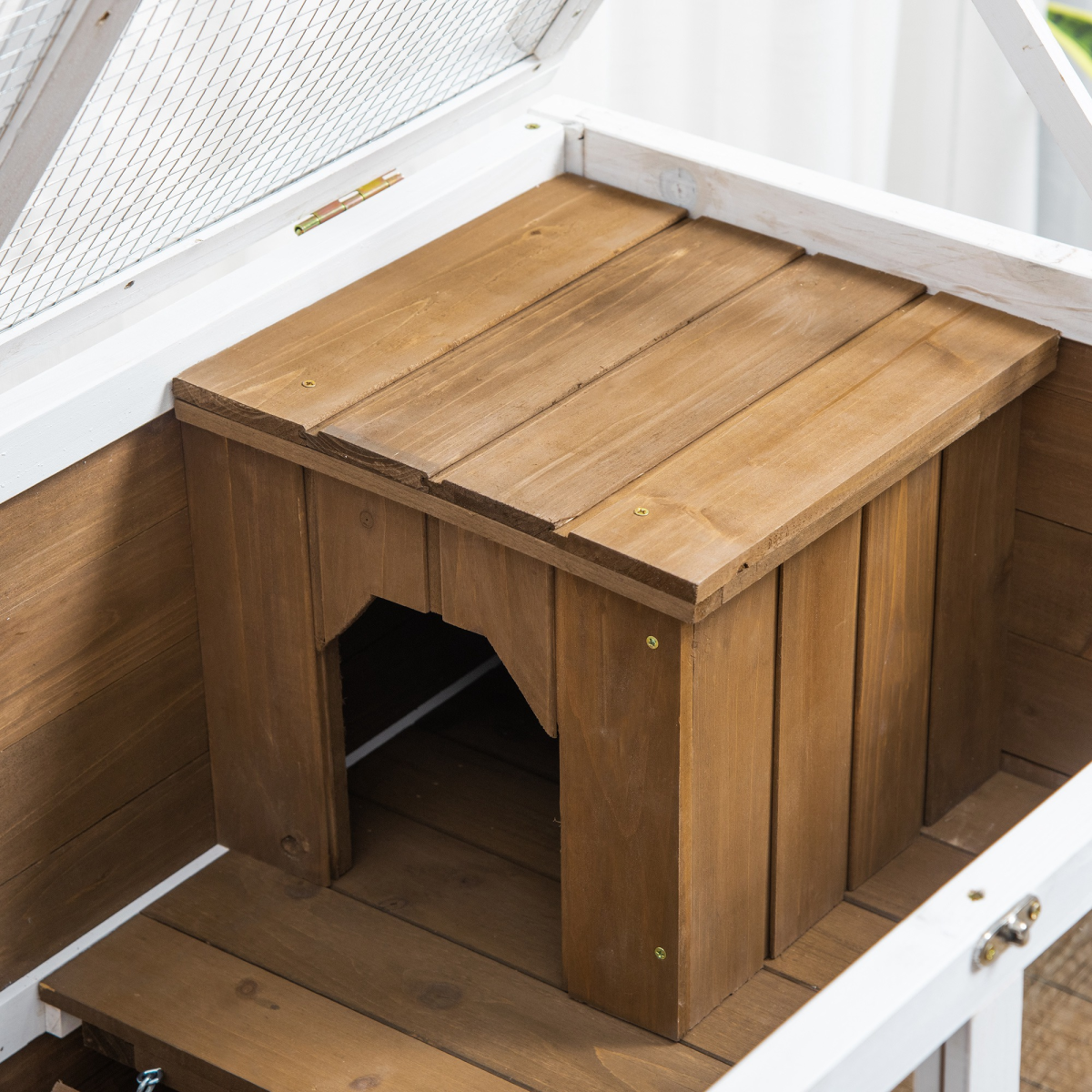 PawHut Indoor Two-Floor Fir Wood Rabbit Hutch with Pull-Out Tray, Ramp and Wheels, Brown