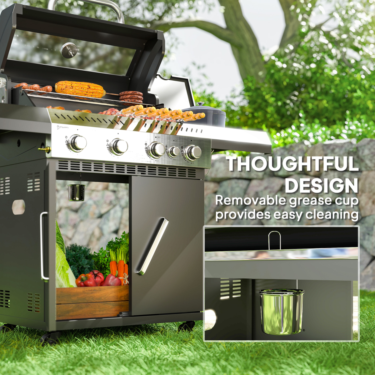 Outsunny 4+1 Burner Gas BBQ Grill with Clear View Lid & Thermometer