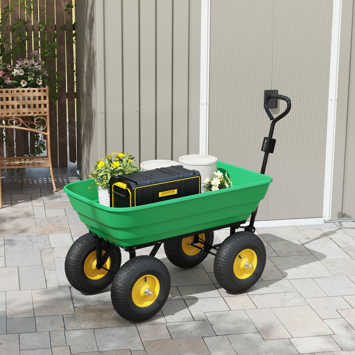 Outsunny 125L Heavy Duty 4-Wheel Garden Cart Trolley Wheelbarrow Green
