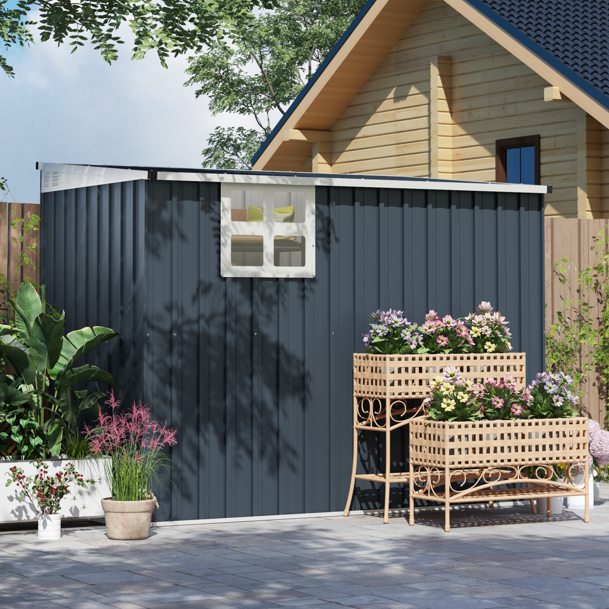 Outsunny Dark Grey Galvanised Steel Garden Storage Shed with Window