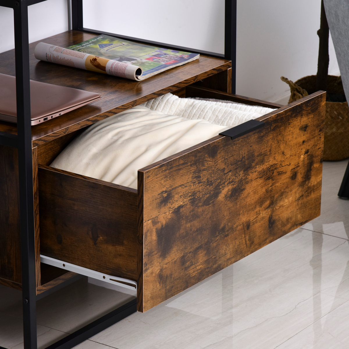 Industrial Style Side Table with Drawer and Open Shelf, Steel Frame Base, Chestnut Brown and Black