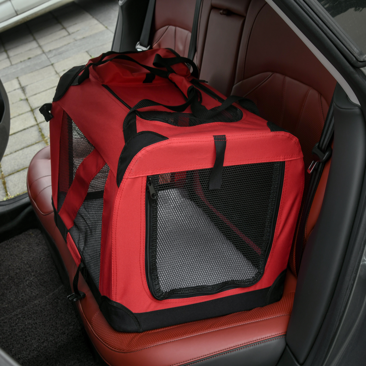 Pawhut Folding Soft Pet Carrier Bag with Mesh Windows and Carry Handles, 60 x 42 x 42 cm, Red
