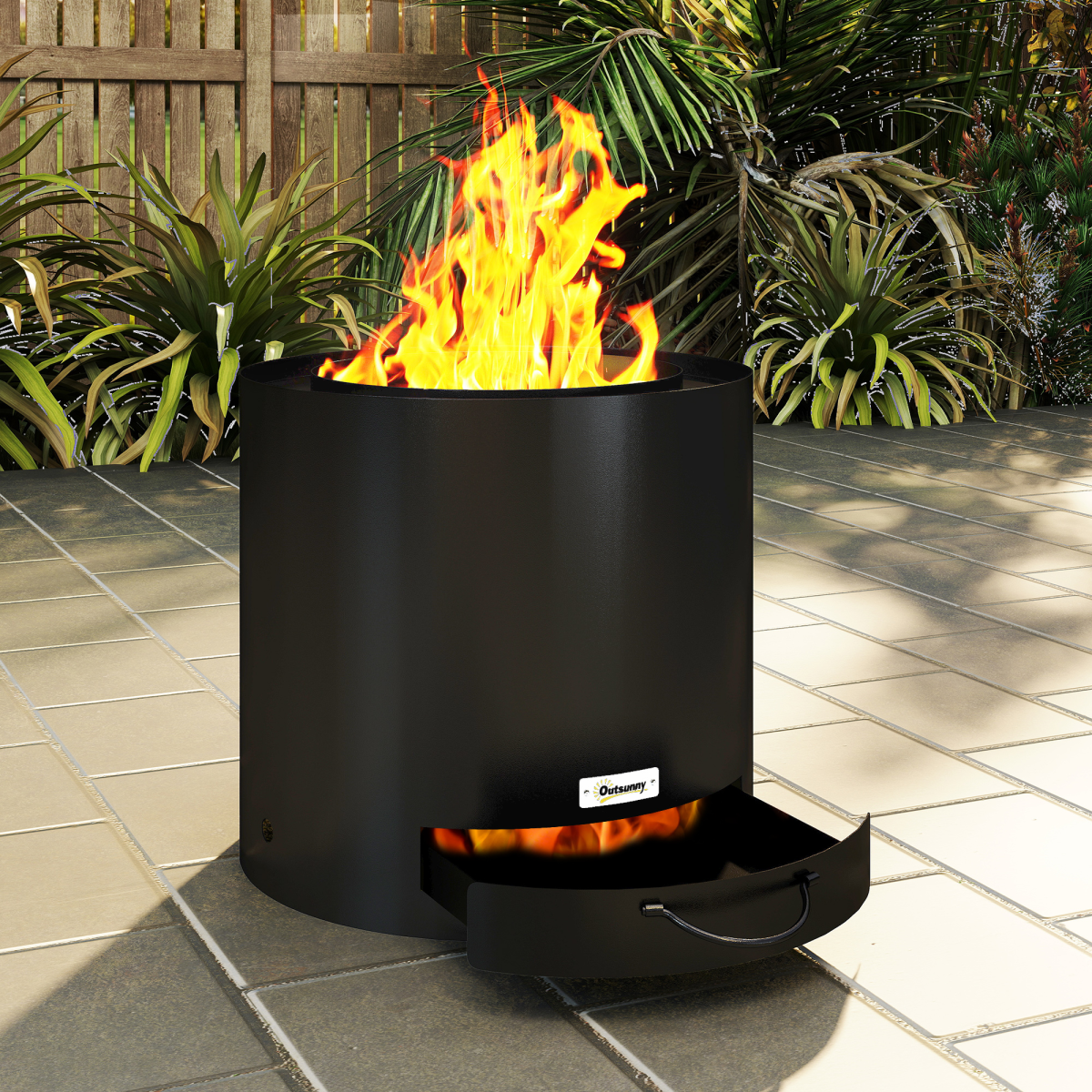 Outsunny Round Steel Fire Pit with Ash Tray and Poker, Black