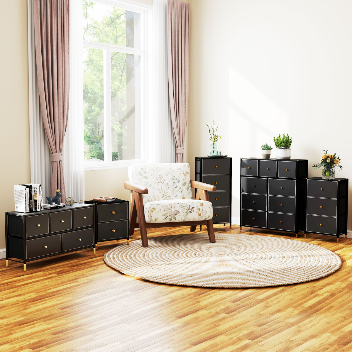 HOMCOM Black Fabric Chest of Drawers with PU Leather Surface