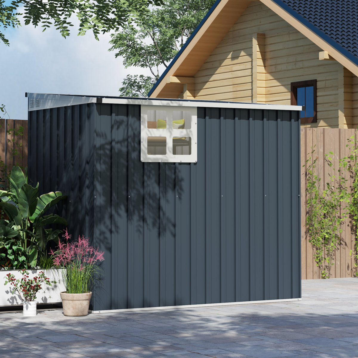 Outsunny 4 x 6ft Dark Grey Outdoor Garden Storage Shed with Window