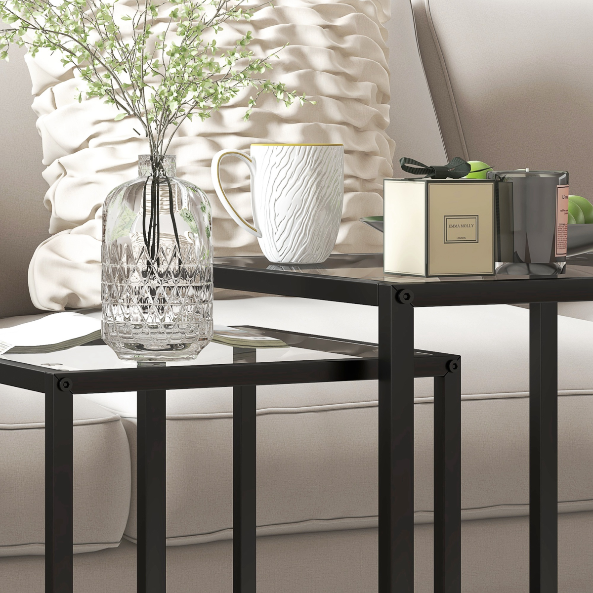 HOMCOM 2-Piece Nesting End Tables with Tempered Glass Top, Black
