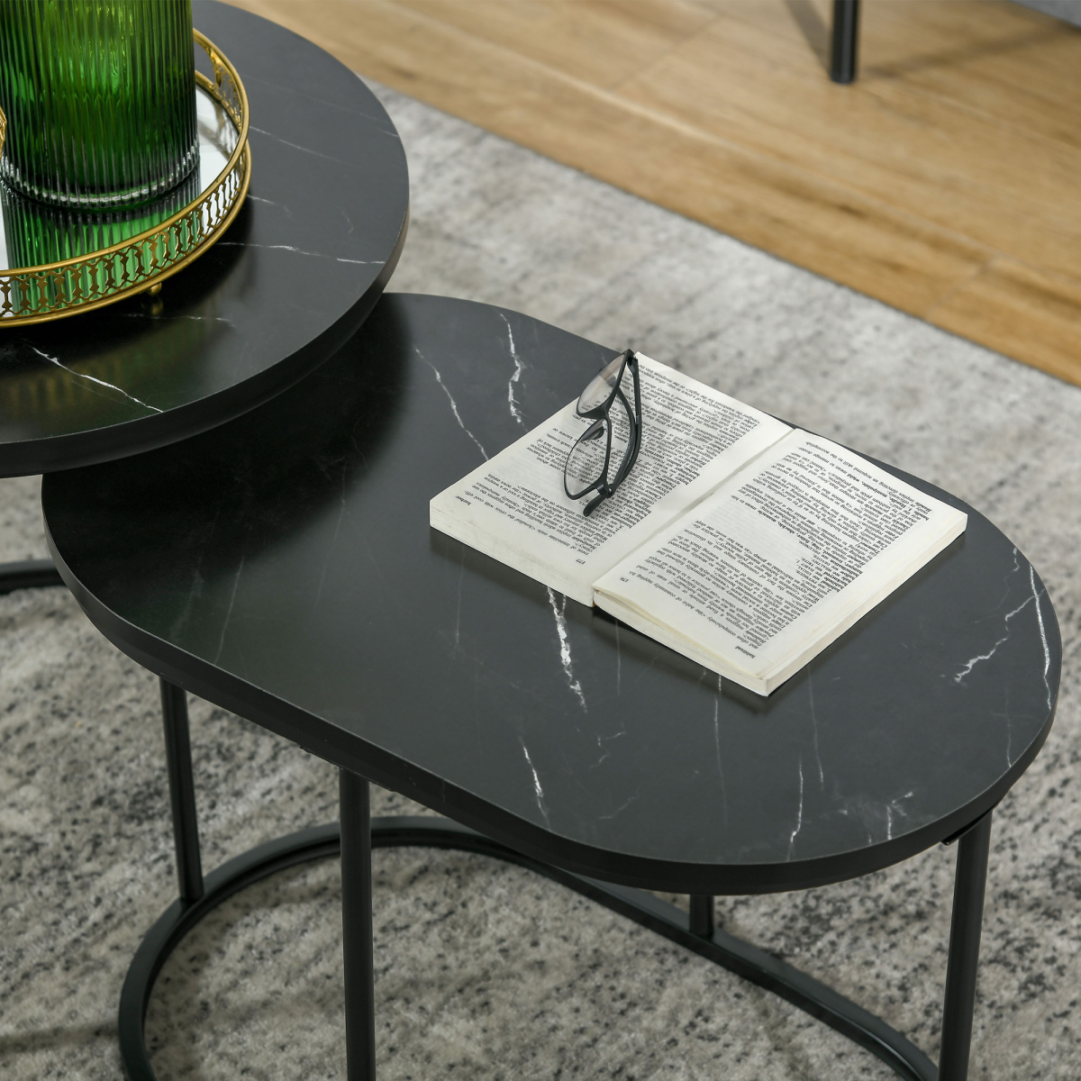 HOMCOM 2-Piece Faux Marble Round & Oval Side Tables, Black