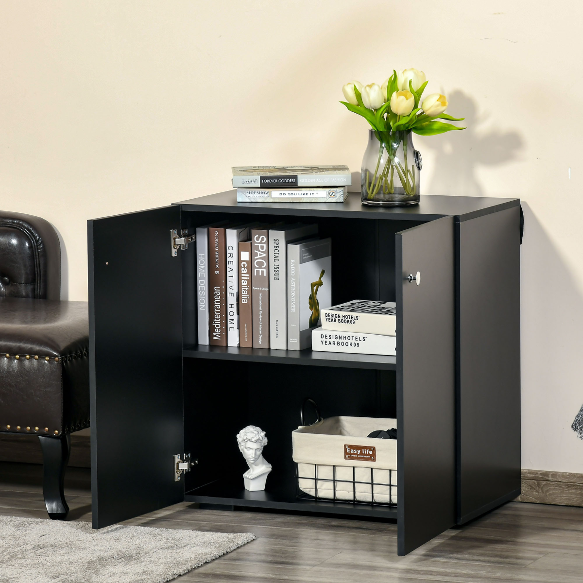 HOMCOM Freestanding Storage Cabinet with Two Shelves, Wooden Sideboard, Black