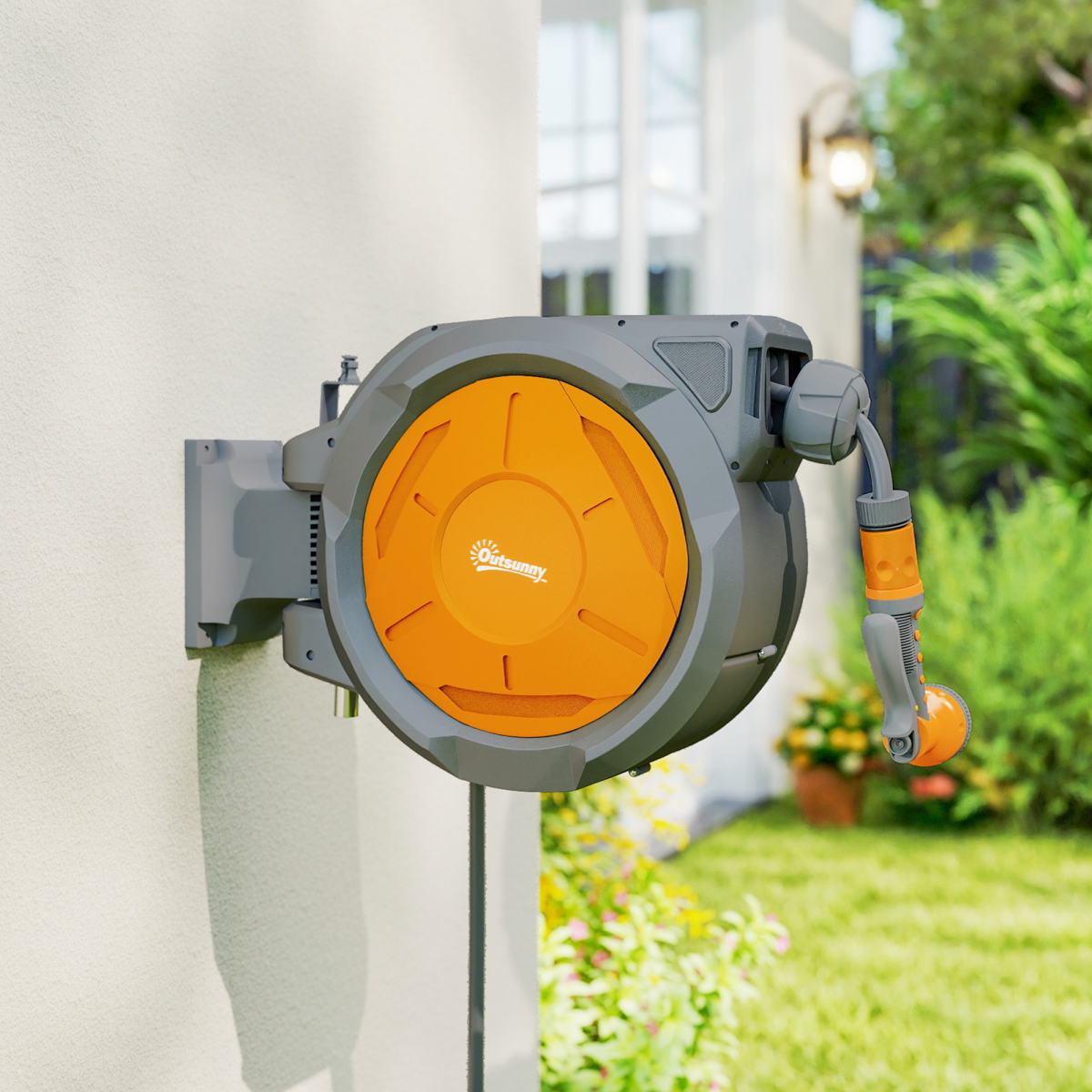 Outsunny 30m Retractable Wall Mounted Hose Reel with Lock, Orange