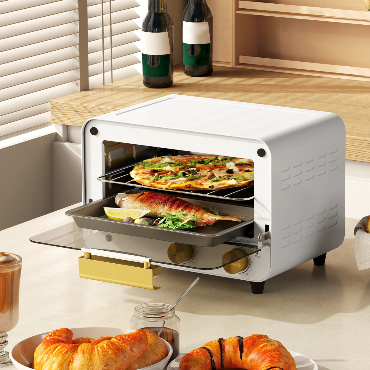 HOMCOM 12L Mini Countertop Toaster Oven, 750W, Glass Door, White