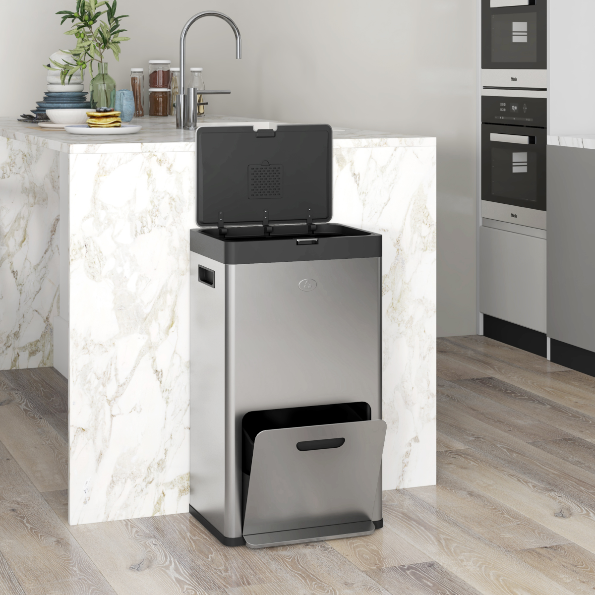 HOMCOM 3-Compartment 56L Stainless Steel Pedal Bin with Wheels