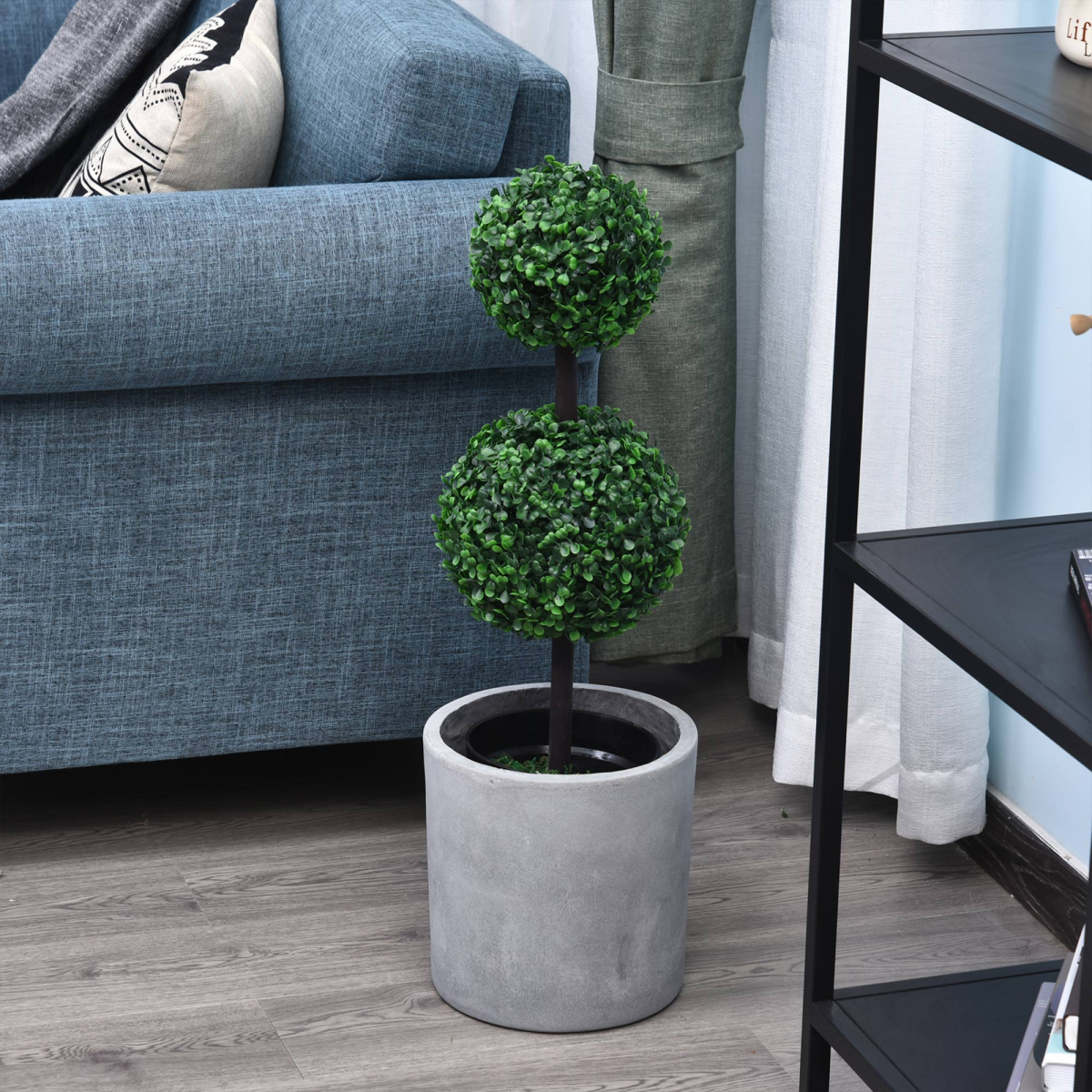 Set of 2 Artificial Boxwood Ball Topiary Trees, Green, PE Plants