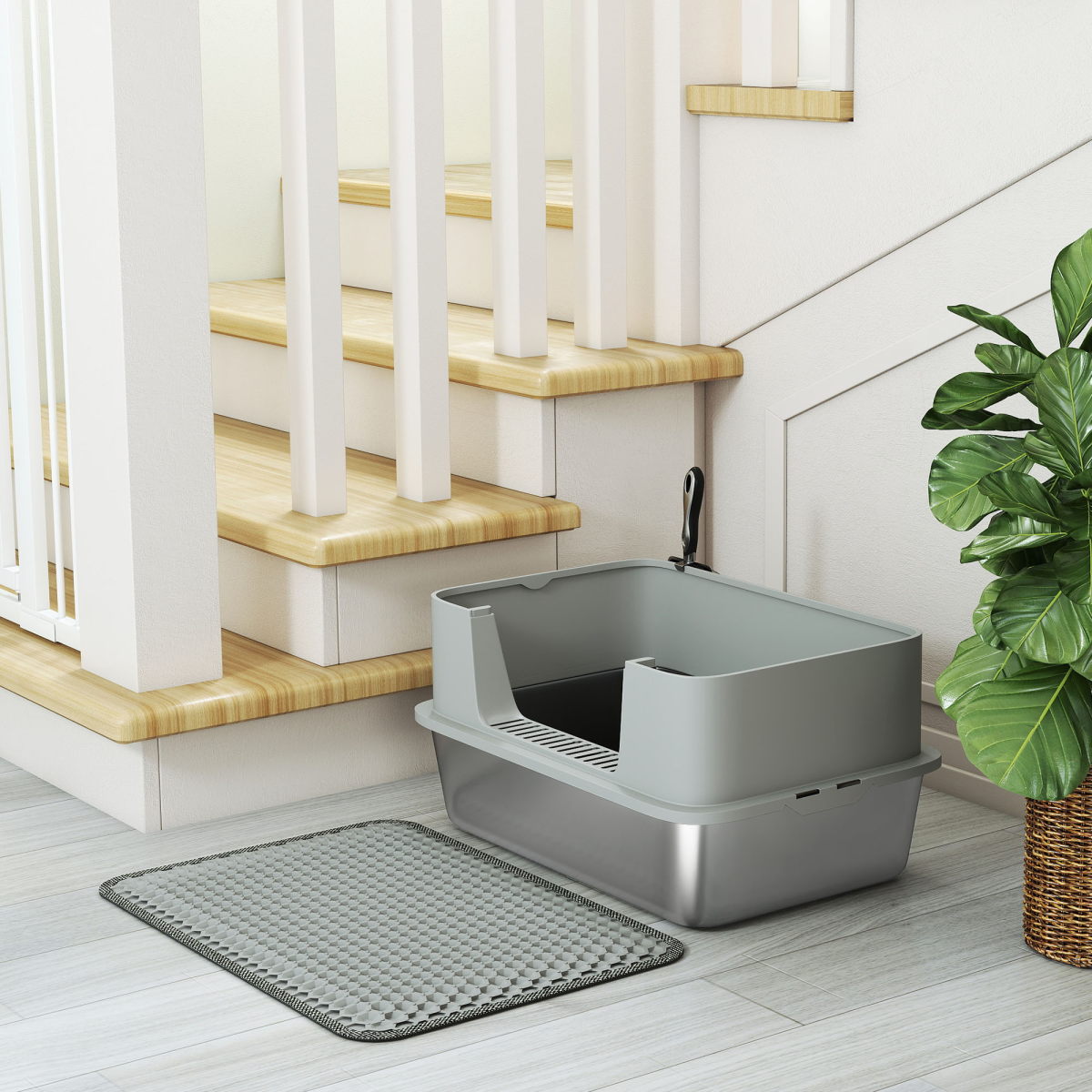 PawHut Stainless Steel High-Sided Cat Litter Box with Scoop