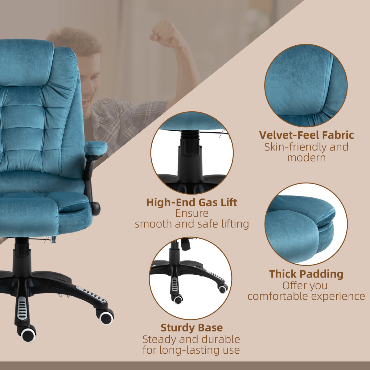 Blue Executive Reclining Office Chair with Heat Massage Headrest