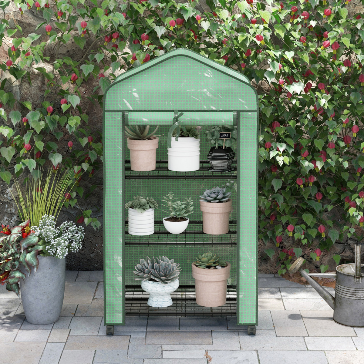 Outsunny Portable Mini Greenhouse with Wheels and Roll-Up Door, Green