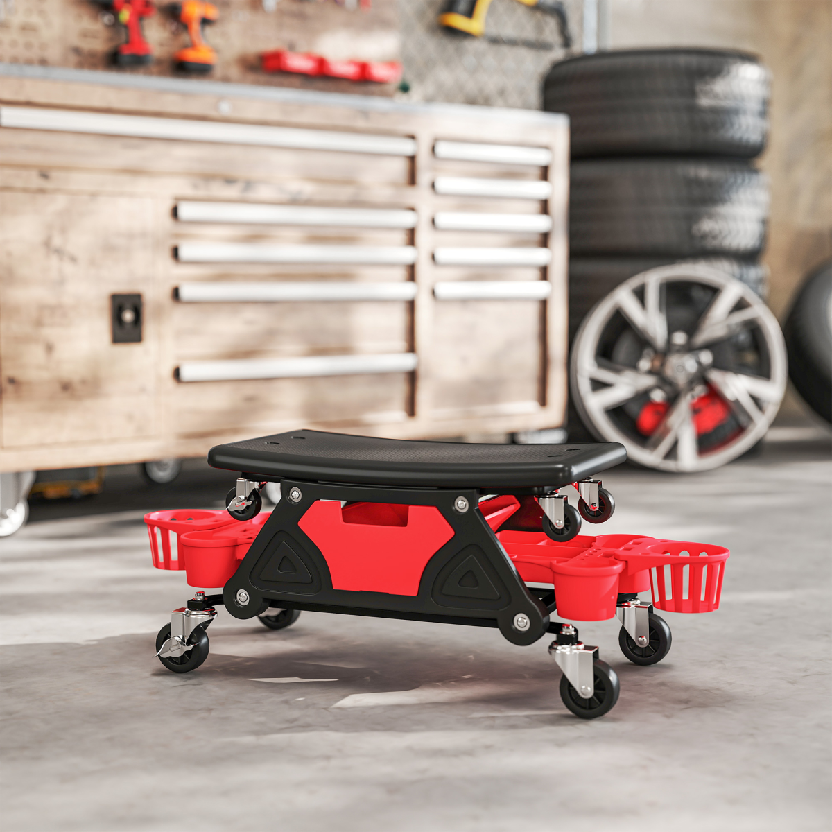 HOMCOM Rolling Mechanic Stool with Storage, 135kg Capacity, Red