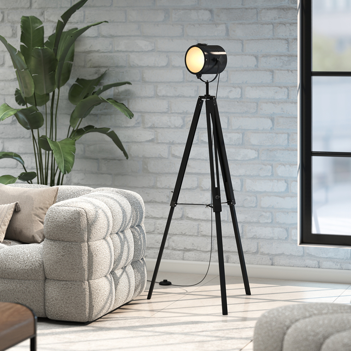 HOMCOM Industrial Adjustable Tripod Floor Lamp with Wood Base, Black