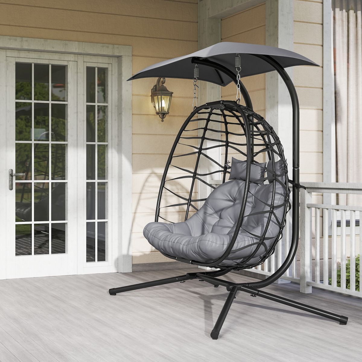 Outsunny Rattan Double Hanging Egg Chair with Canopy & Cushion, Black