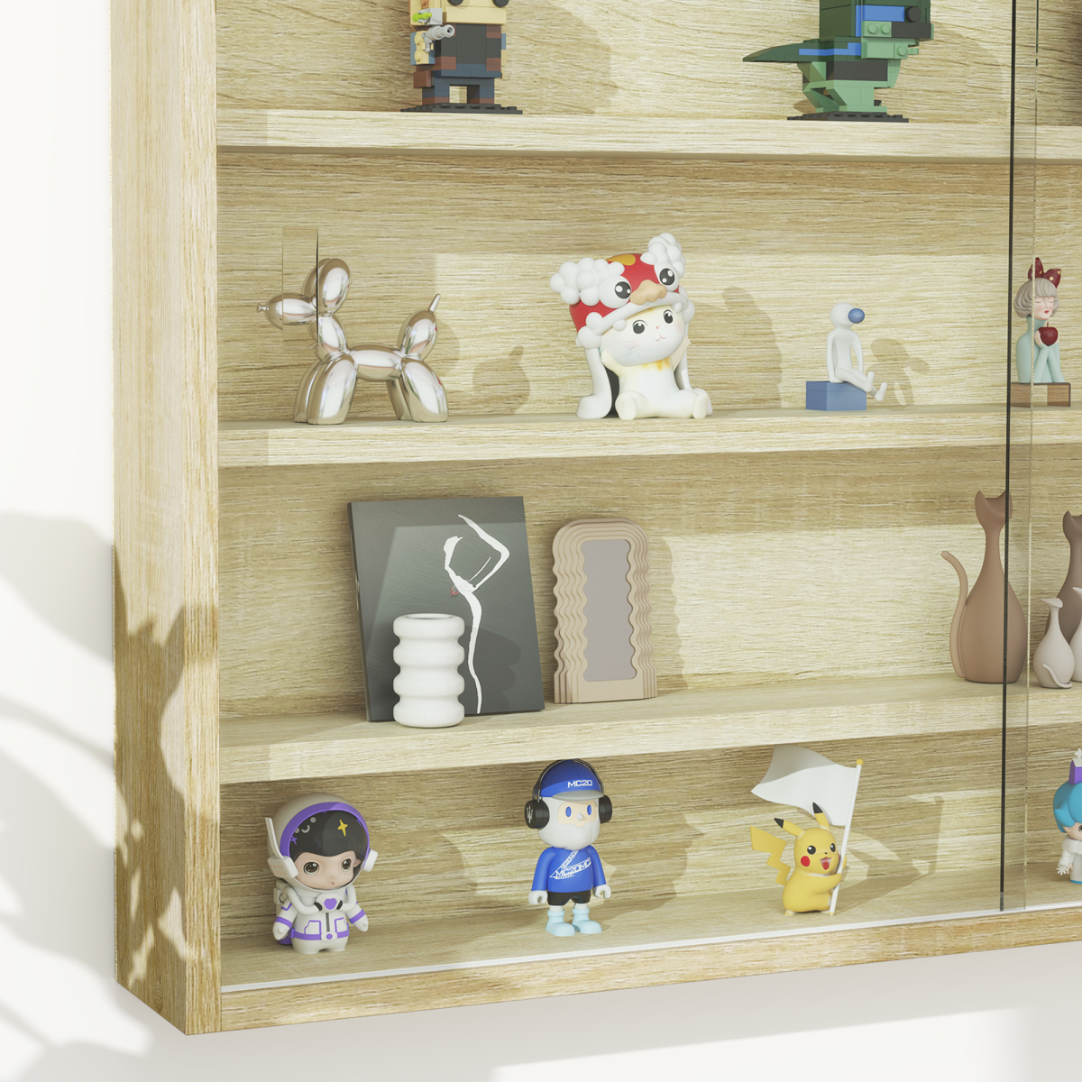 HOMCOM Oak 5-Tier Wall-Mounted Display Cabinet with Glass Doors