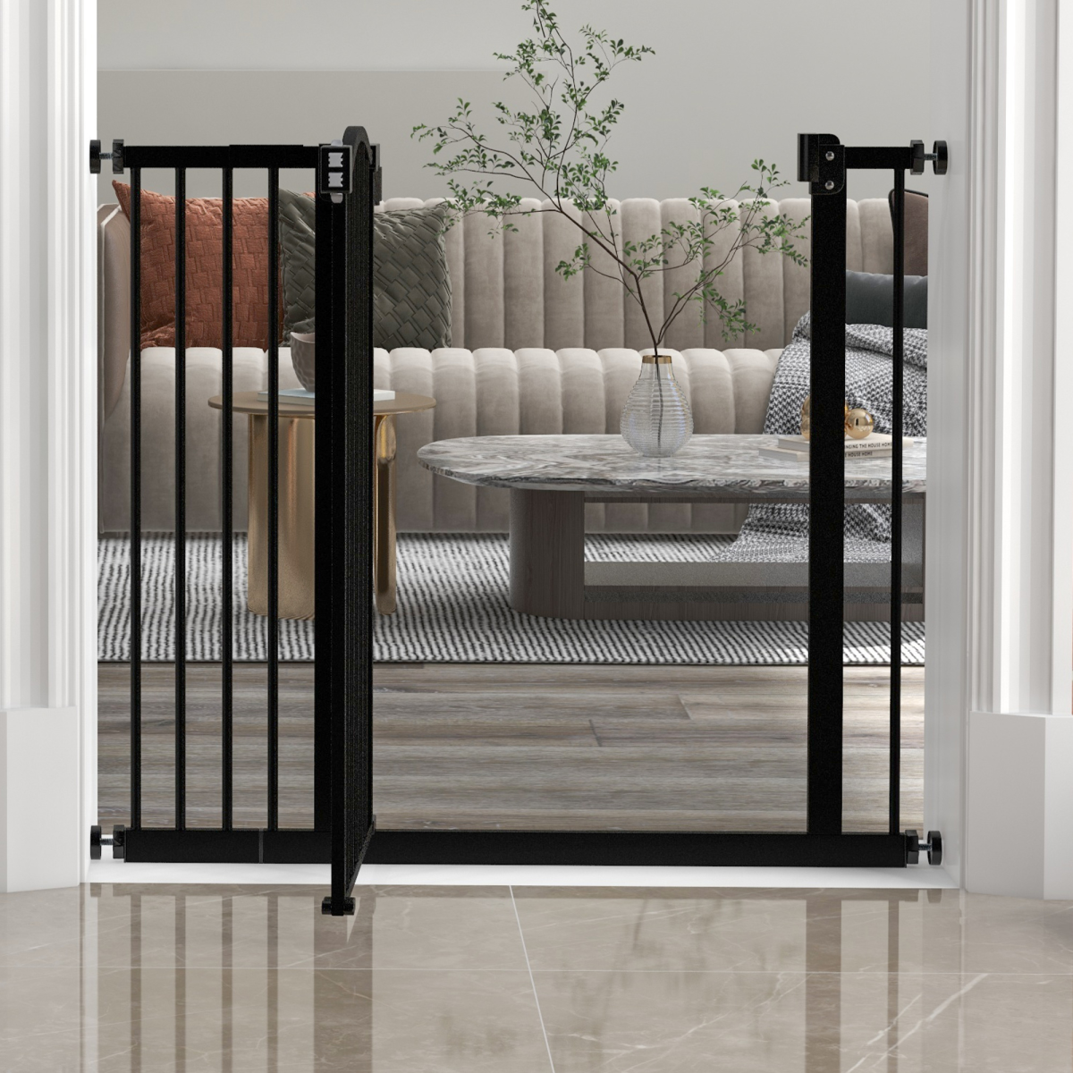 PawHut 74-94cm Adjustable Metal Pet Safety Gate, Auto-Close Black