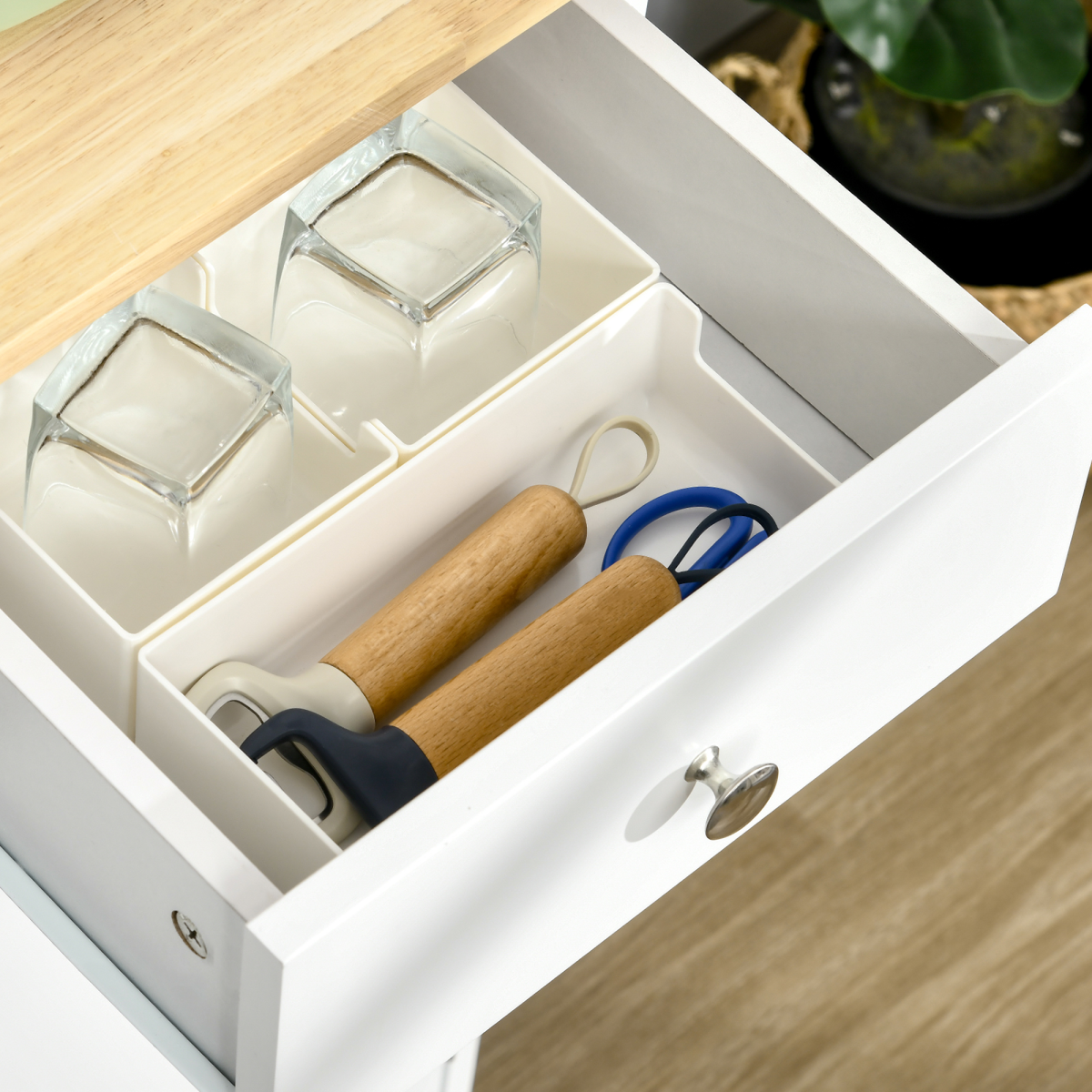 HOMCOM White Sideboard with Rubberwood Top, 3 Storage Cabinets, 3 Drawers, Adjustable Shelves